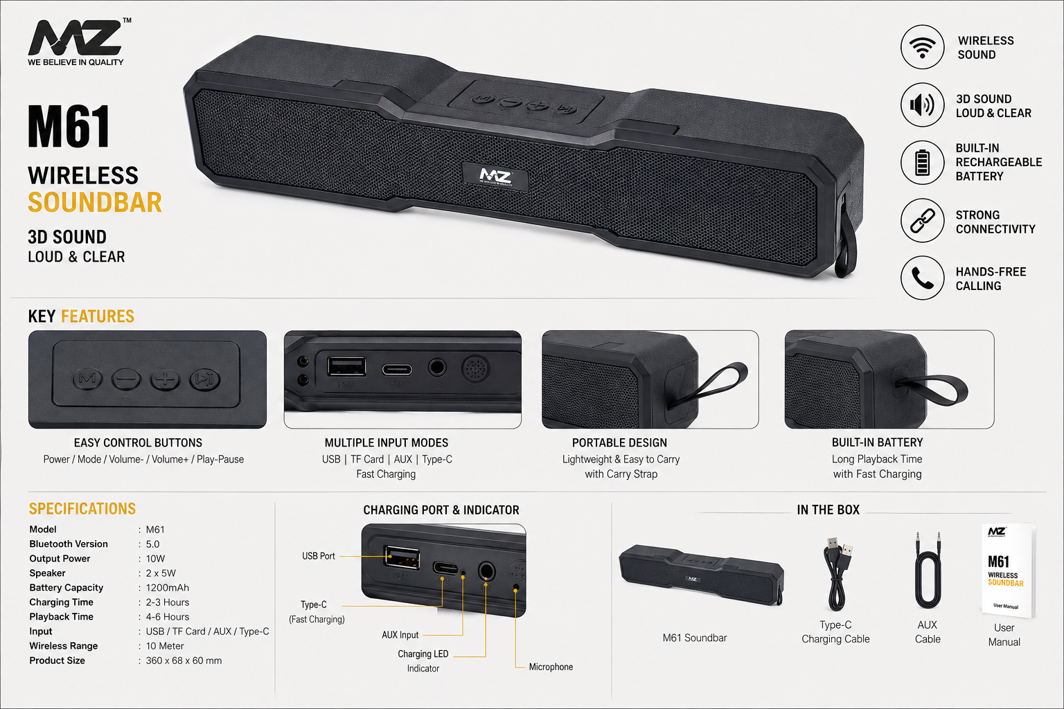 MZ61 Portable Bluetooth Speaker Black colour