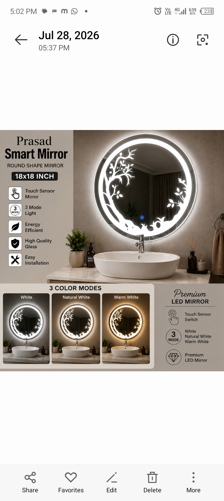 Round Shape 18x18 LED Touch Sensor Mirror
