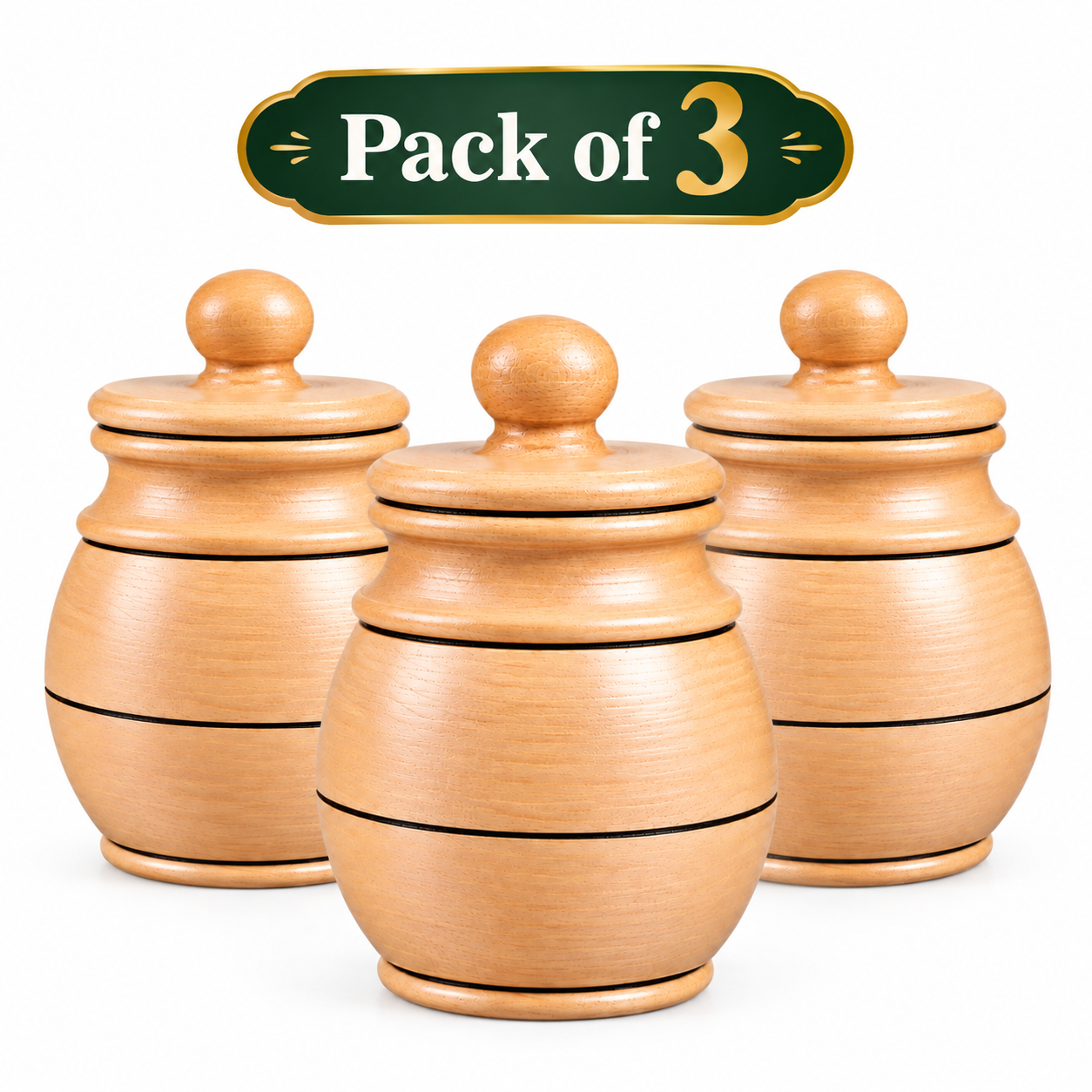 Set of 3 Wooden Storage Jars with Lids | Handmade Wooden Kitchen Containers