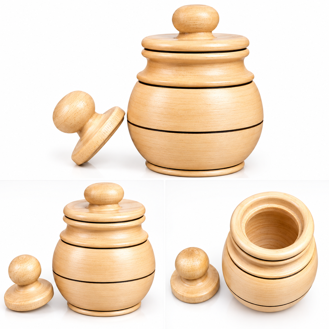 Set of 3 Wooden Storage Jars with Lids | Handmade Wooden Kitchen Containers