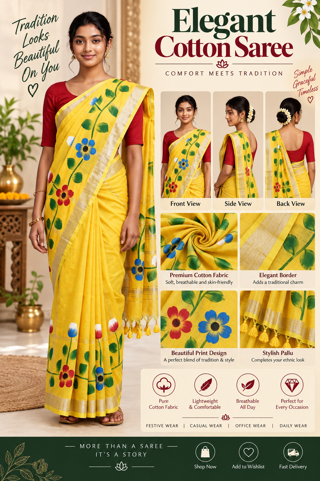 Yellow Cotton Hand-Painted Floral Saree with Tassels - Bengali Santiniketan Style