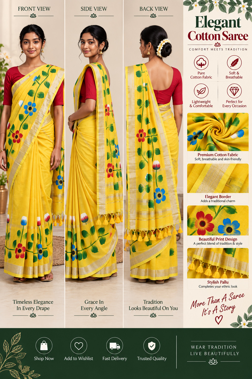 Yellow Cotton Hand-Painted Floral Saree with Tassels - Bengali Santiniketan Style