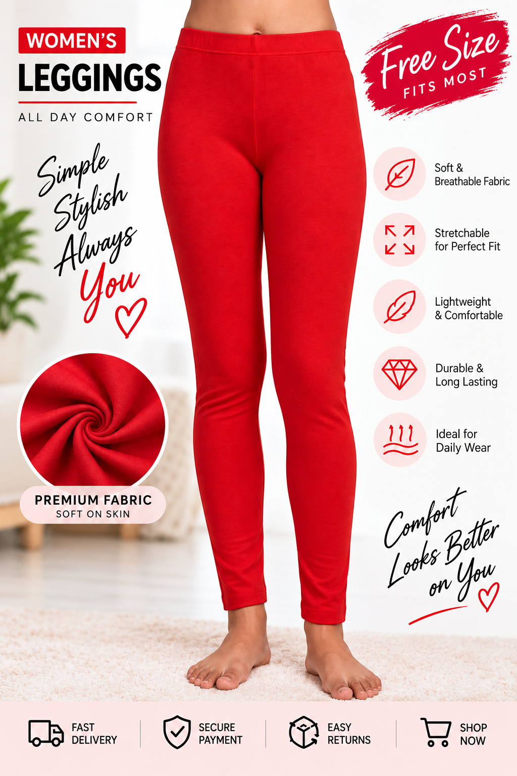 Women's Red Full Length Leggings Free Size Fits M to XXL 4-Way Stretchable Soft Cotton Blend Daily Wear