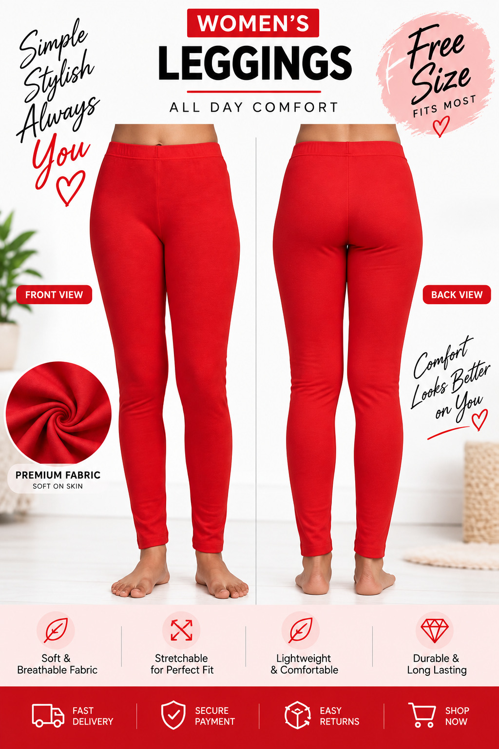 Women's Red Full Length Leggings Free Size Fits M to XXL 4-Way Stretchable Soft Cotton Blend Daily Wear