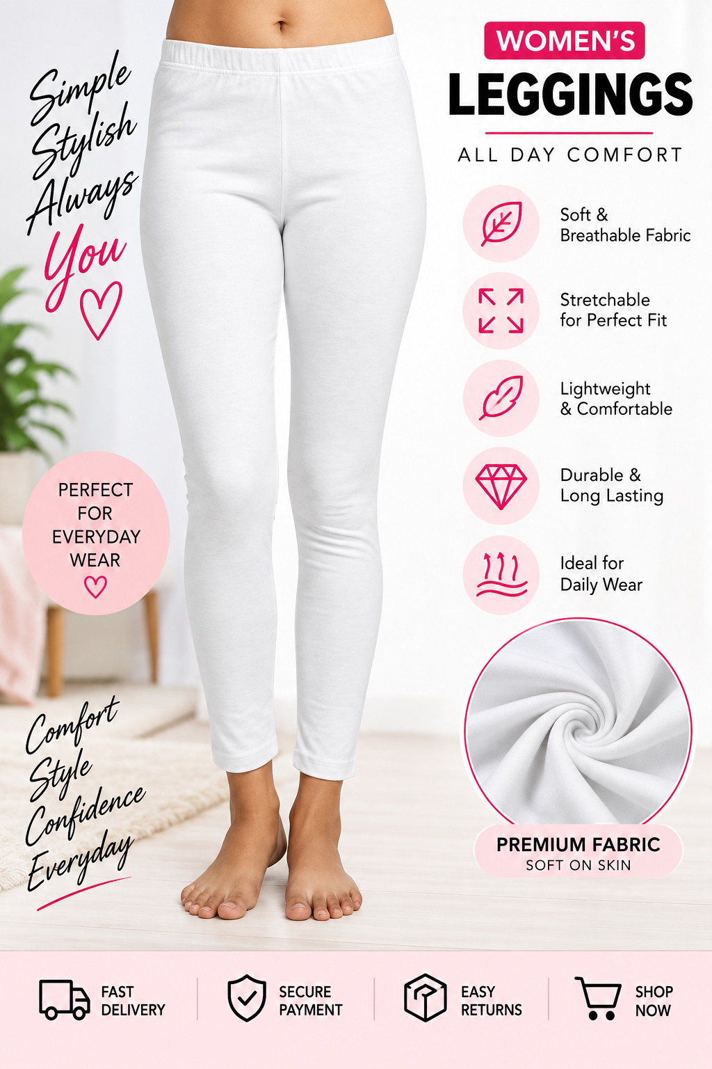 Lir Women's White Full Length Leggings Free Size Fits M to XXL 4-Way Stretchable Soft Cotton Blend Daily Wear