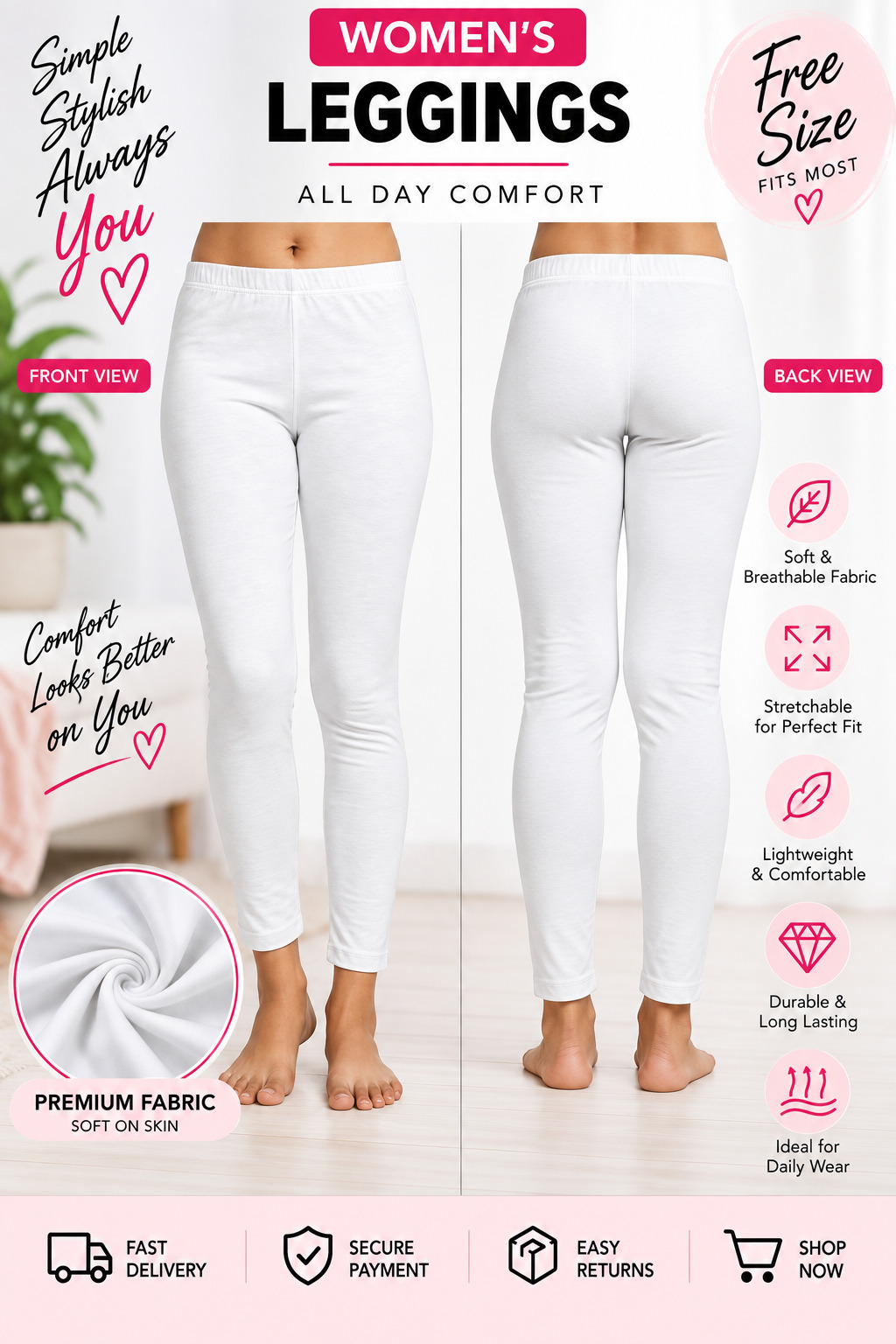 Lir Women's White Full Length Leggings Free Size Fits M to XXL 4-Way Stretchable Soft Cotton Blend Daily Wear