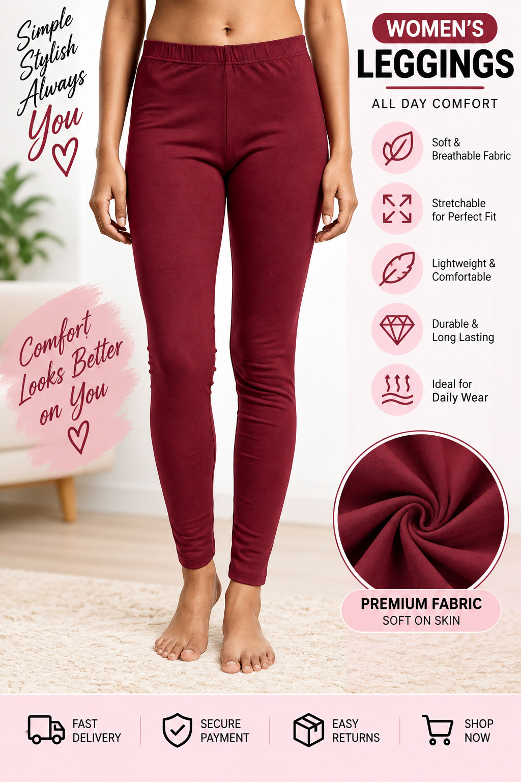 Lir Women's Maroon Full Length Leggings Free Size Fits M to XXL 4-Way Stretchable Soft Cotton Blend Daily Wear