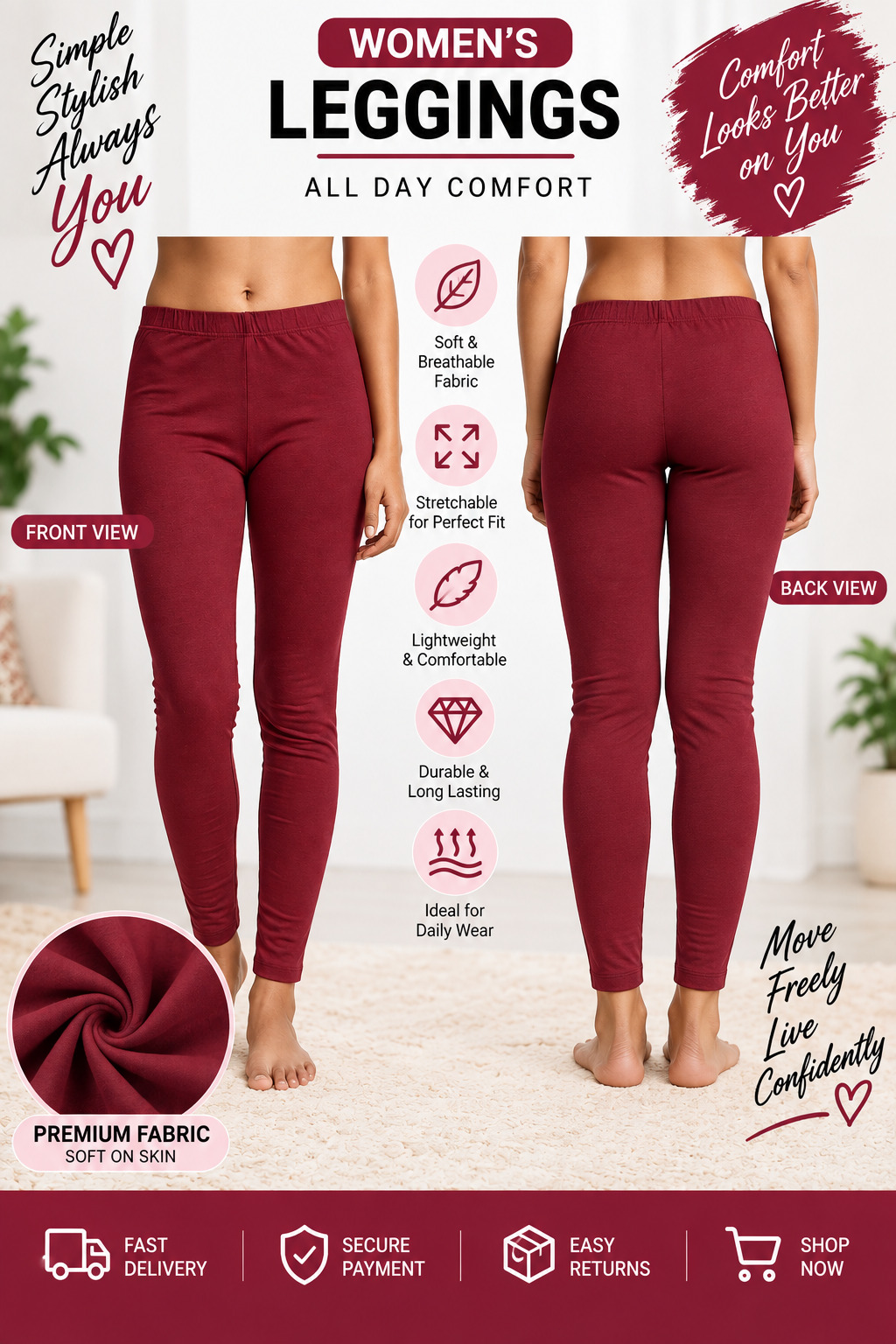 Lir Women's Maroon Full Length Leggings Free Size Fits M to XXL 4-Way Stretchable Soft Cotton Blend Daily Wear