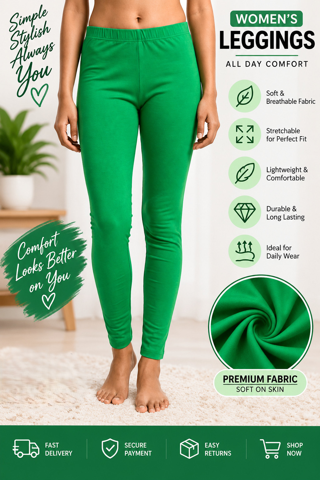 Lir Women's Green Full Length Leggings Free Size Fits M to XXL 4-Way Stretchable Soft Cotton Blend Daily Wear