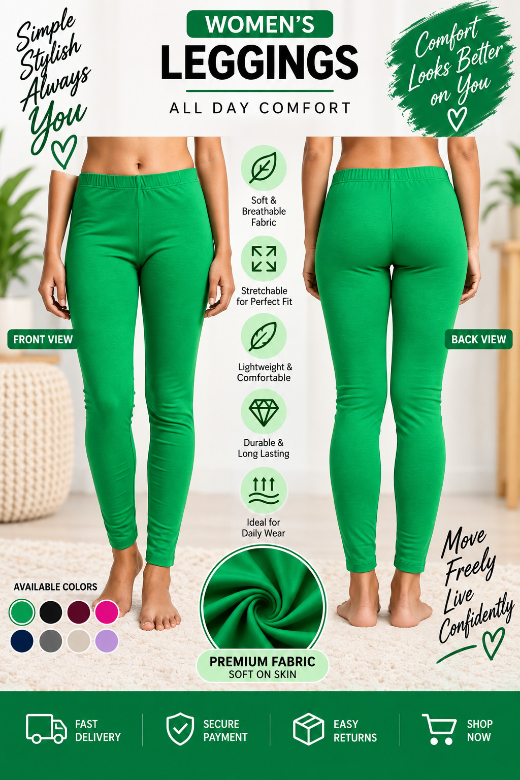 Lir Women's Green Full Length Leggings Free Size Fits M to XXL 4-Way Stretchable Soft Cotton Blend Daily Wear