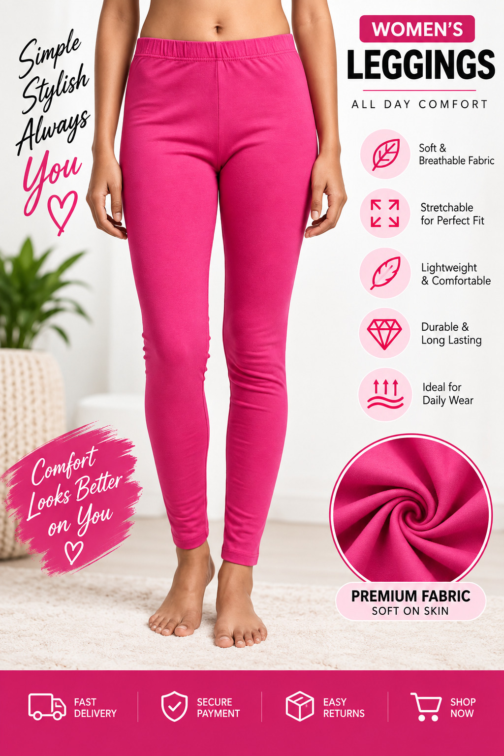 Lir Women's Pink Full Length Leggings Free Size Fits M to XXL 4-Way Stretchable Soft Cotton Blend Daily Wear