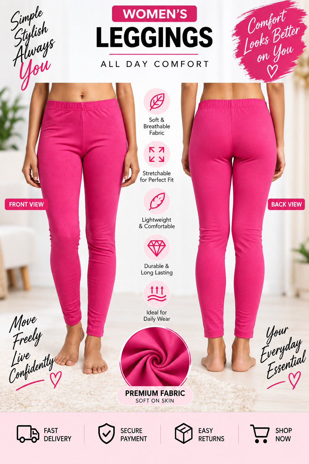 Lir Women's Pink Full Length Leggings Free Size Fits M to XXL 4-Way Stretchable Soft Cotton Blend Daily Wear