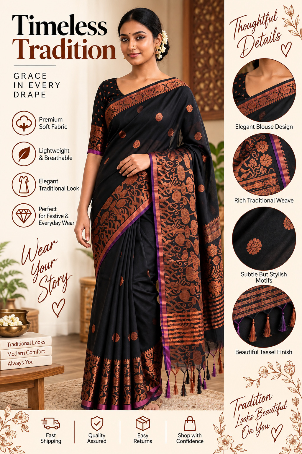 Timeless Tradition Black Copper Zari Banarasi Cotton Saree | Premium Soft Fabric | Lightweight & Breathable | Elegant Traditional Weave Sare