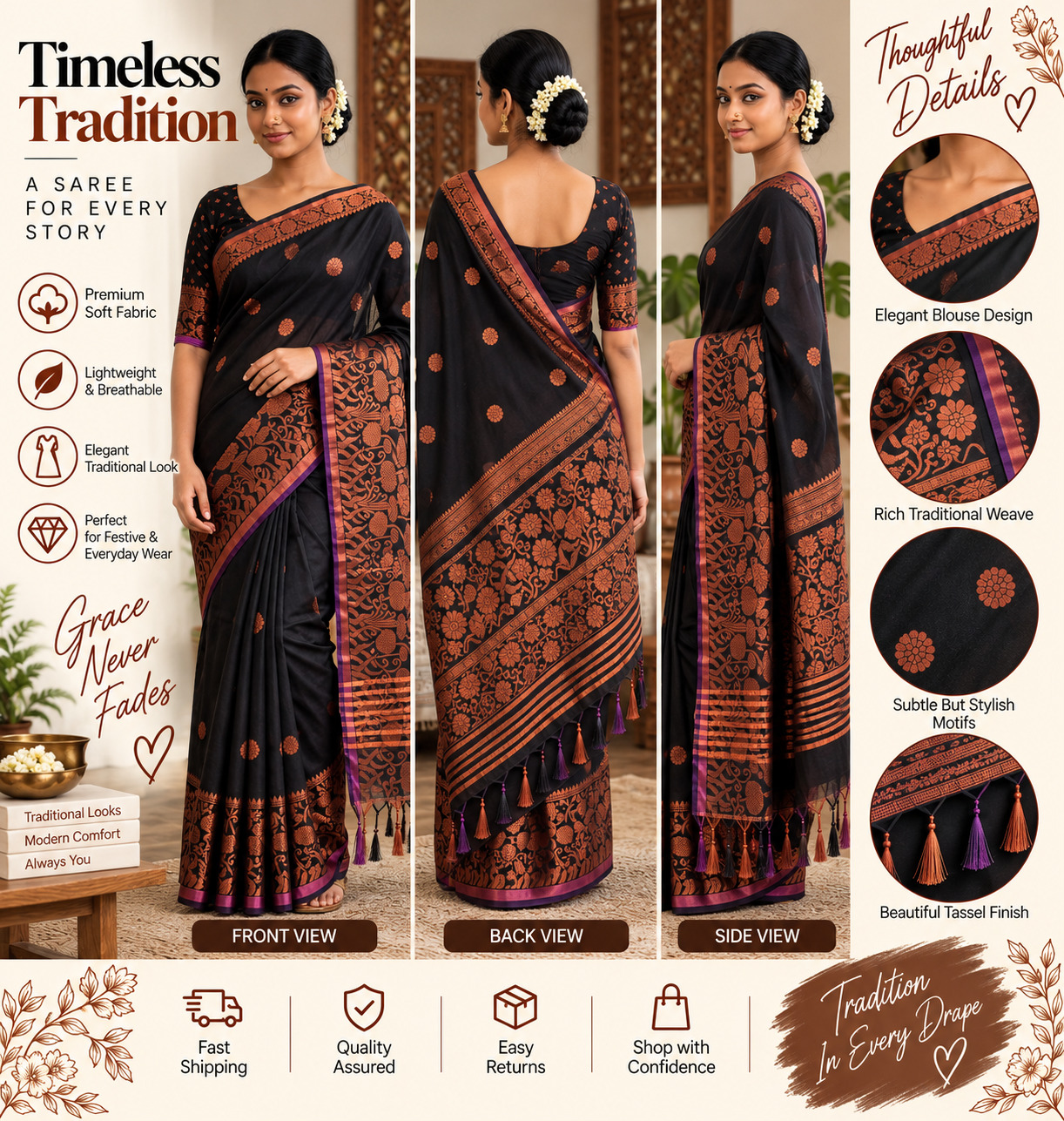 Timeless Tradition Black Copper Zari Banarasi Cotton Saree | Premium Soft Fabric | Lightweight & Breathable | Elegant Traditional Weave Sare