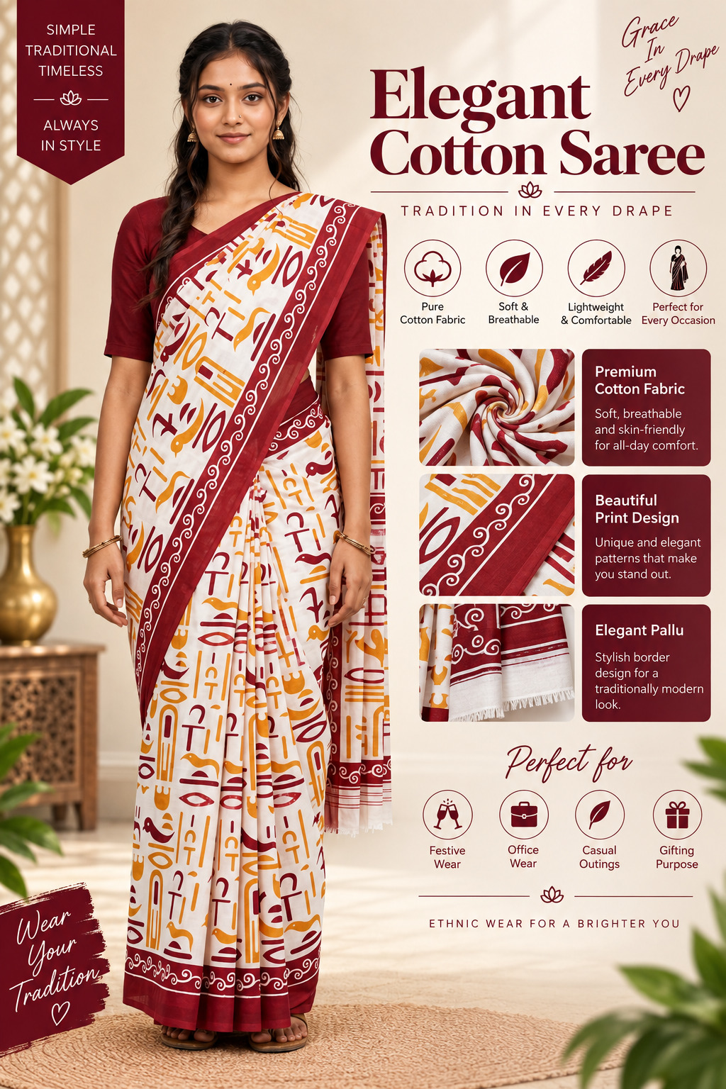 Elegant Cotton Saree White Maroon Yellow Abstract Print | Pure Cotton Fabric | Soft & Breathable Lightweight | Traditional Pallu & Border De