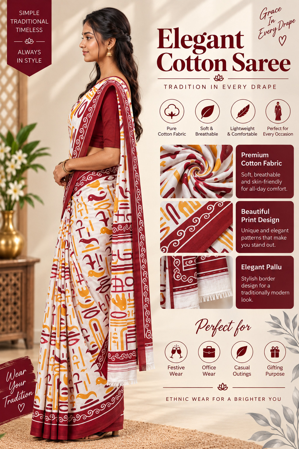 Elegant Cotton Saree White Maroon Yellow Abstract Print | Pure Cotton Fabric | Soft & Breathable Lightweight | Traditional Pallu & Border De