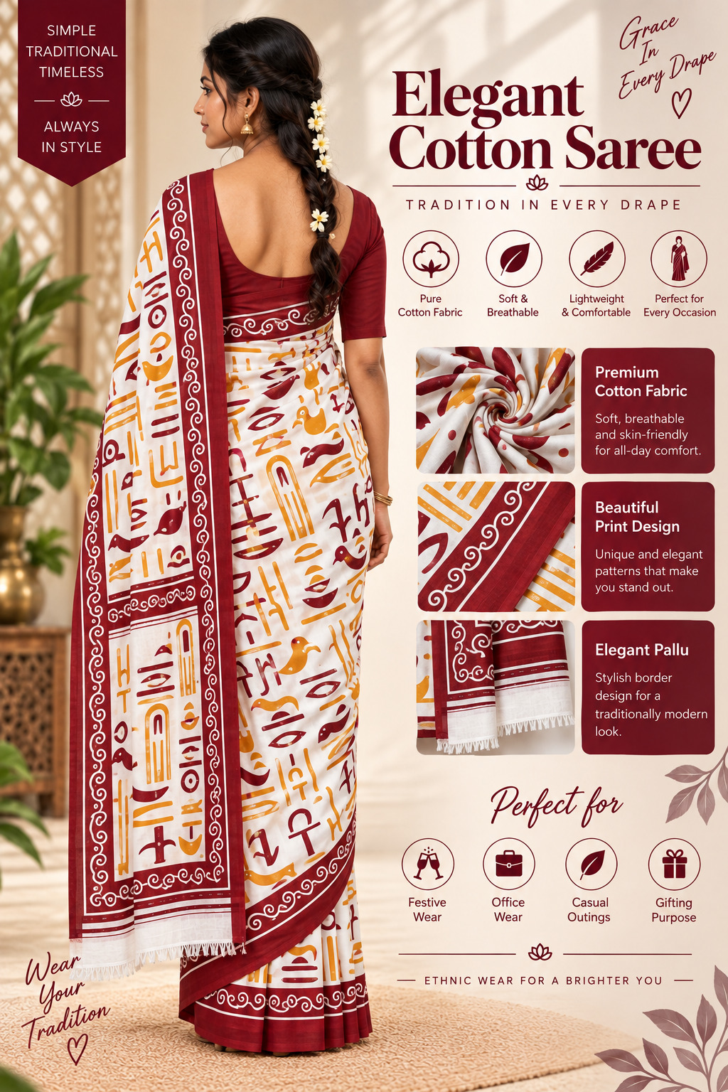 Elegant Cotton Saree White Maroon Yellow Abstract Print | Pure Cotton Fabric | Soft & Breathable Lightweight | Traditional Pallu & Border De