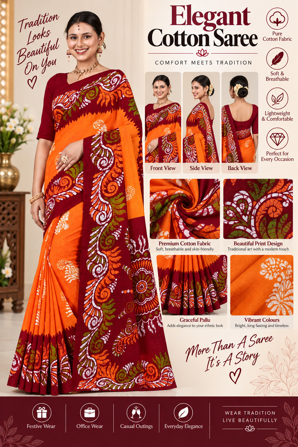 Elegant Cotton Saree Orange Maroon White Batik Print | Pure Cotton Fabric | Soft Breathable Lightweight | Traditional Bengali Batik Design |
