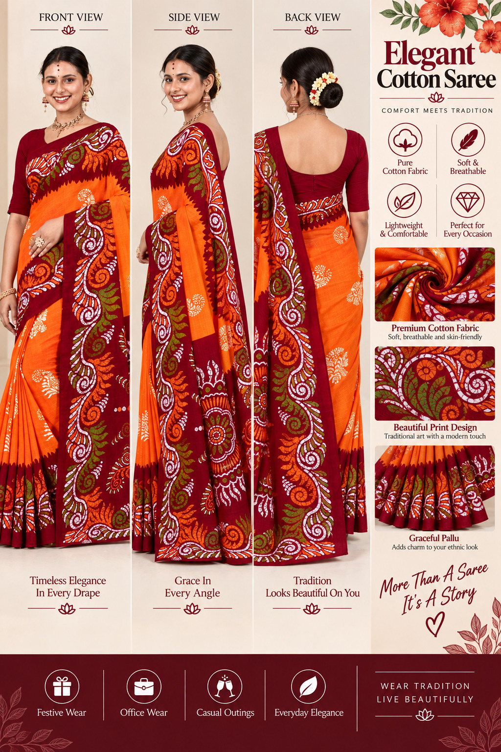 Elegant Cotton Saree Orange Maroon White Batik Print | Pure Cotton Fabric | Soft Breathable Lightweight | Traditional Bengali Batik Design |