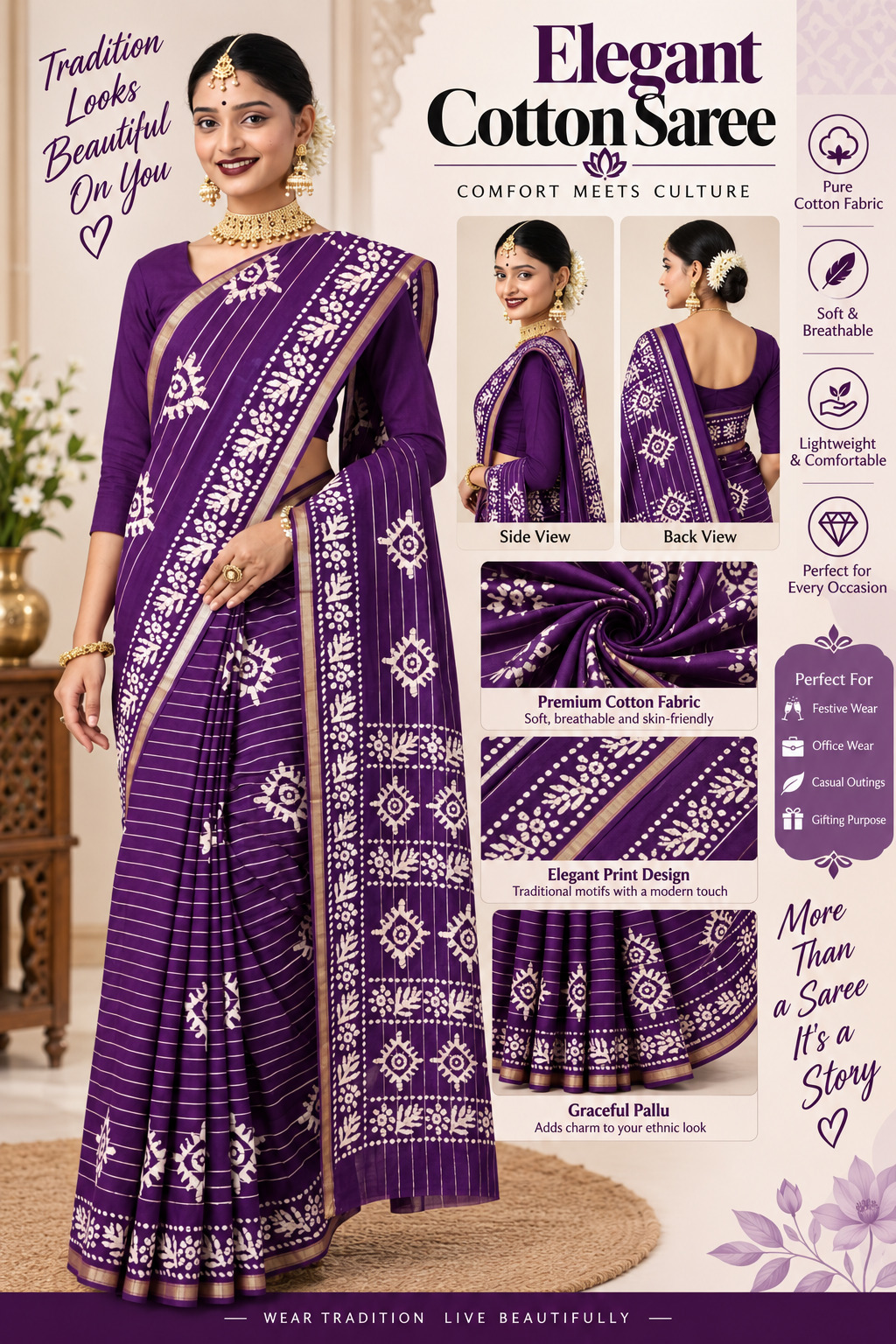 Elegant Cotton Saree Purple White Batik Print | Pure Cotton Fabric | Soft Breathable Lightweight | Traditional Bengali Cotton Saree with Zar