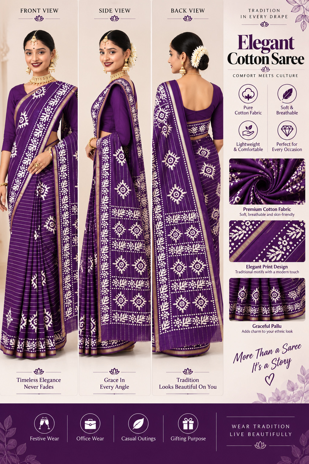 Elegant Cotton Saree Purple White Batik Print | Pure Cotton Fabric | Soft Breathable Lightweight | Traditional Bengali Cotton Saree with Zar