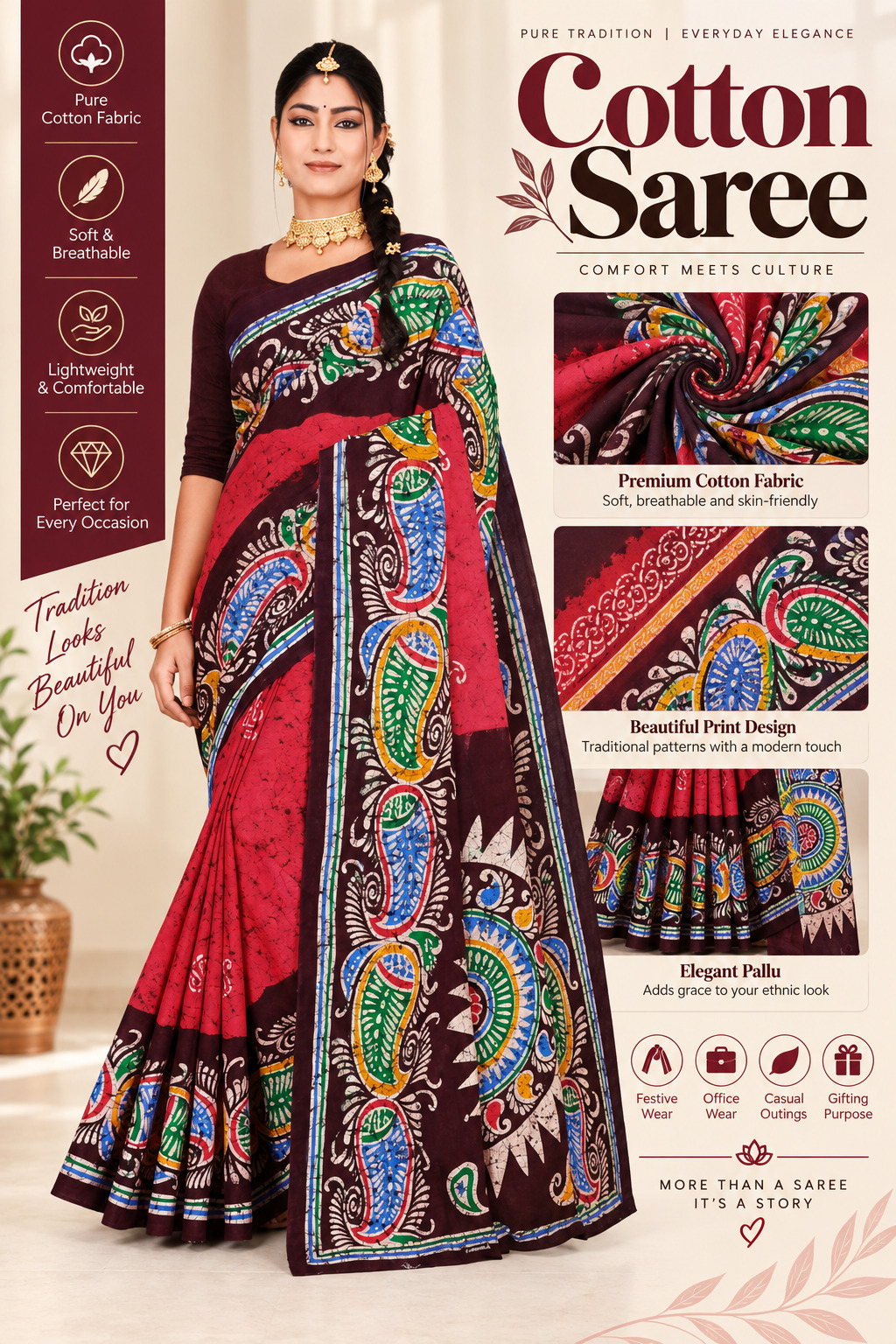 Pure Cotton Saree Red Brown Multi Colour Batik Print | Premium Cotton Fabric | Soft Breathable Lightweight | Bengali Traditional Batik Desig