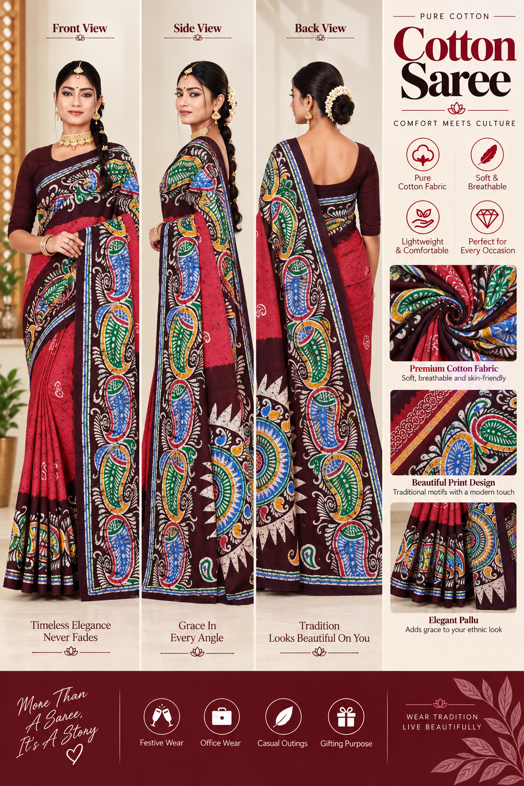Pure Cotton Saree Red Brown Multi Colour Batik Print | Premium Cotton Fabric | Soft Breathable Lightweight | Bengali Traditional Batik Desig