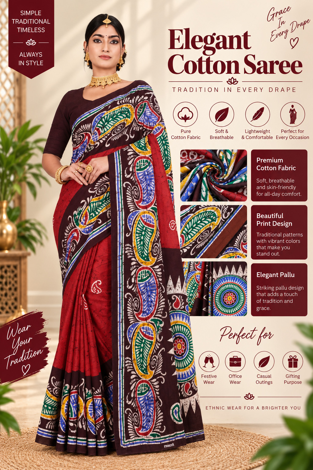 Elegant Cotton Saree Red Maroon Multi Color Batik Print | Pure Cotton Soft Breathable | Bengali Traditional Paisley Design Saree with Blouse