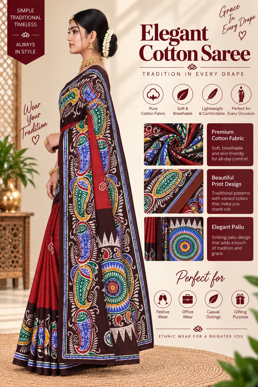 Elegant Cotton Saree Red Maroon Multi Color Batik Print | Pure Cotton Soft Breathable | Bengali Traditional Paisley Design Saree with Blouse
