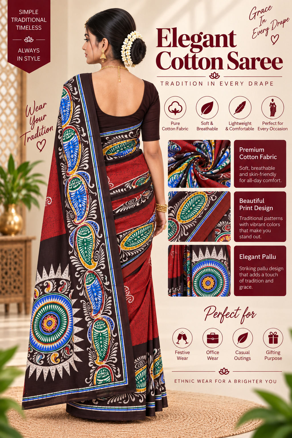 Elegant Cotton Saree Red Maroon Multi Color Batik Print | Pure Cotton Soft Breathable | Bengali Traditional Paisley Design Saree with Blouse