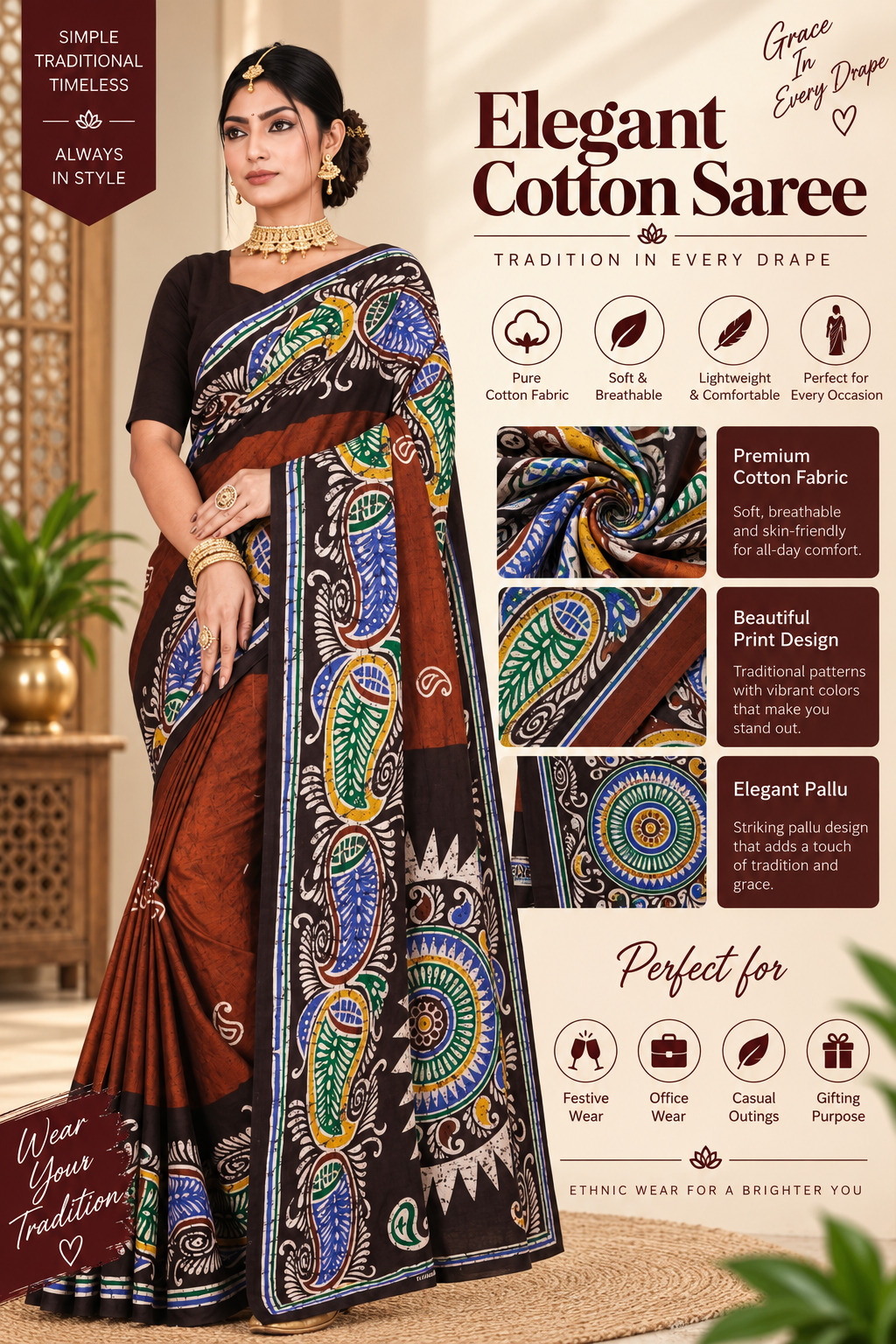 Elegant Cotton Saree Brown Rust Multi Colour Batik Print | Pure Cotton Soft Breathable | Traditional Bengali Cotton Saree with Elegant Pallu