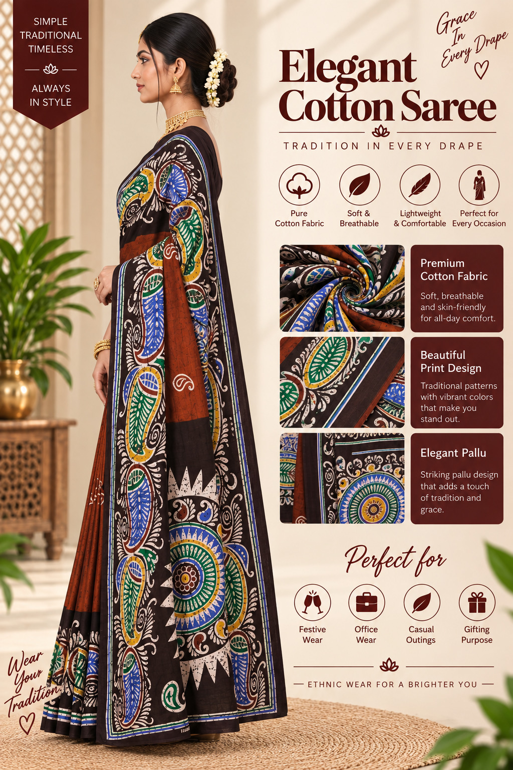 Elegant Cotton Saree Brown Rust Multi Colour Batik Print | Pure Cotton Soft Breathable | Traditional Bengali Cotton Saree with Elegant Pallu
