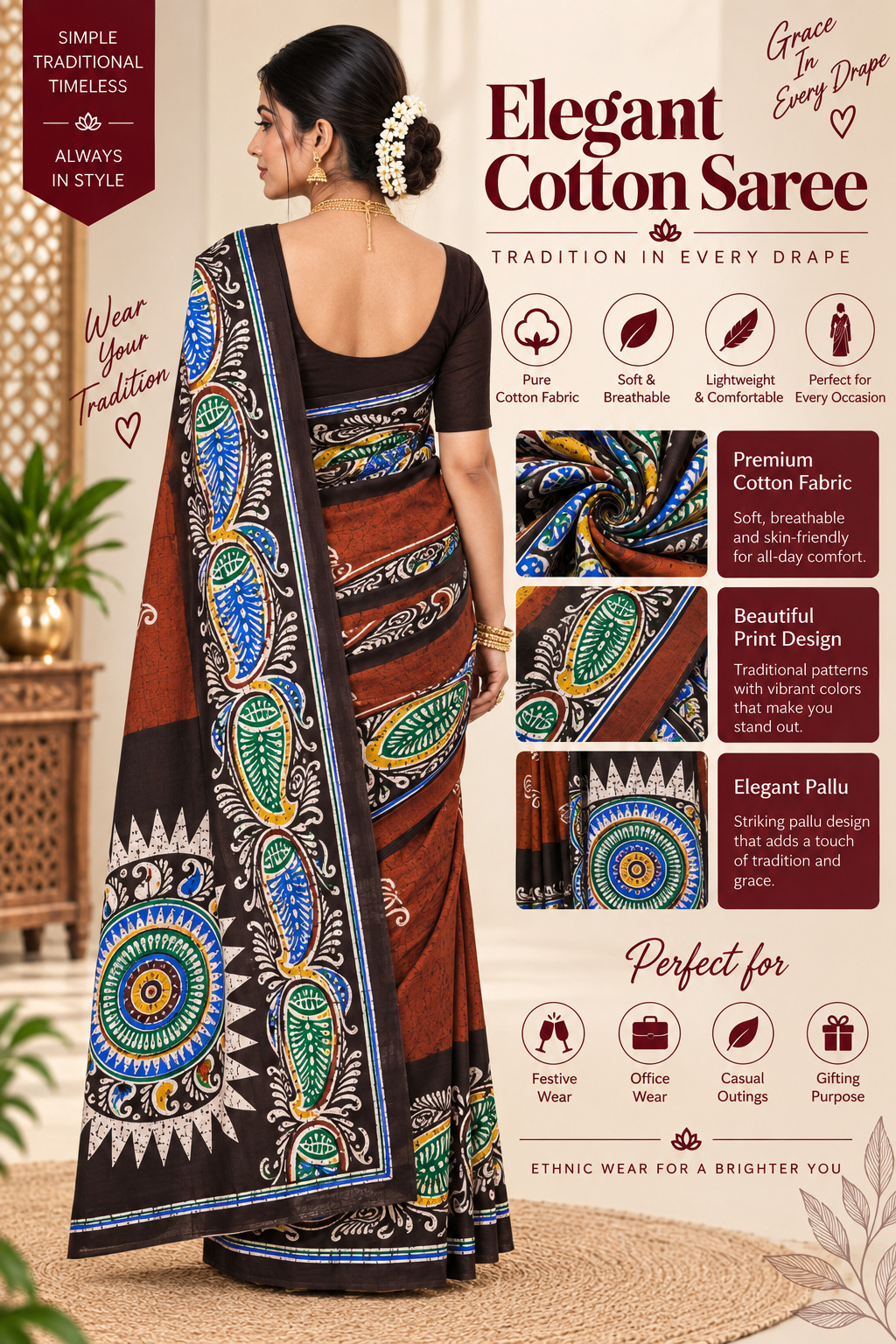 Elegant Cotton Saree Brown Rust Multi Colour Batik Print | Pure Cotton Soft Breathable | Traditional Bengali Cotton Saree with Elegant Pallu