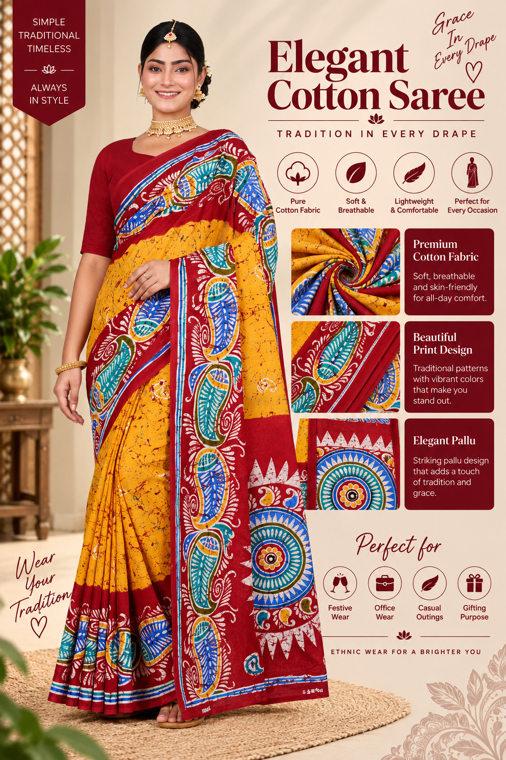 Elegant Cotton Saree Yellow Red Multi Colour Batik Print | Pure Cotton Soft Breathable | Bengali Traditional Mandala Paisley Saree with Blou