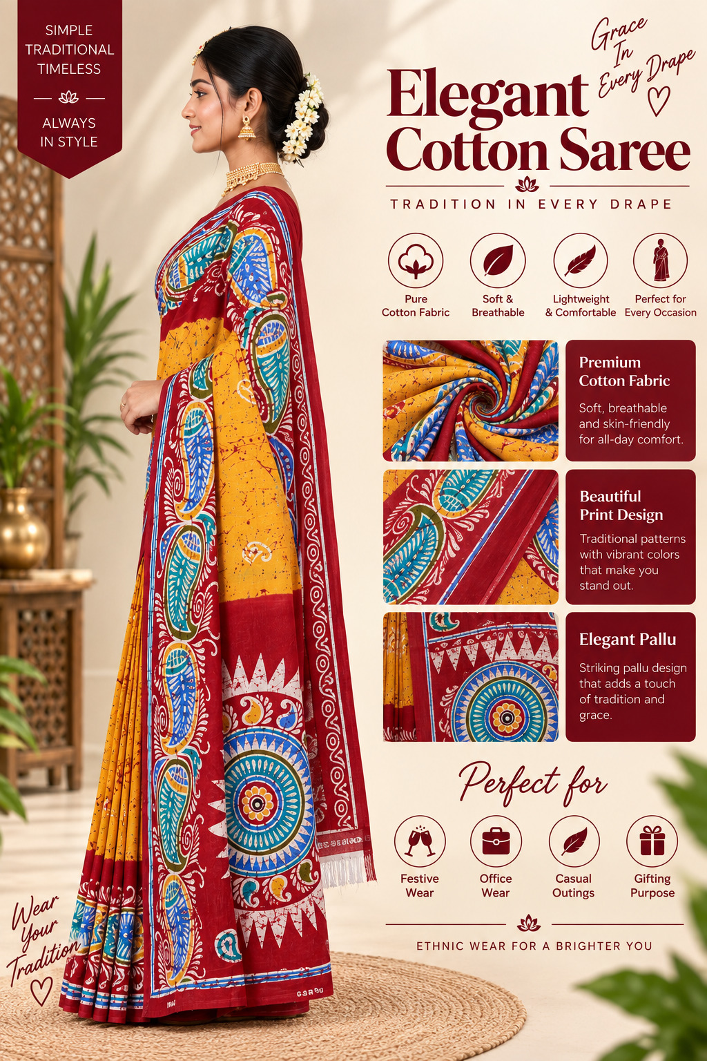 Elegant Cotton Saree Yellow Red Multi Colour Batik Print | Pure Cotton Soft Breathable | Bengali Traditional Mandala Paisley Saree with Blou