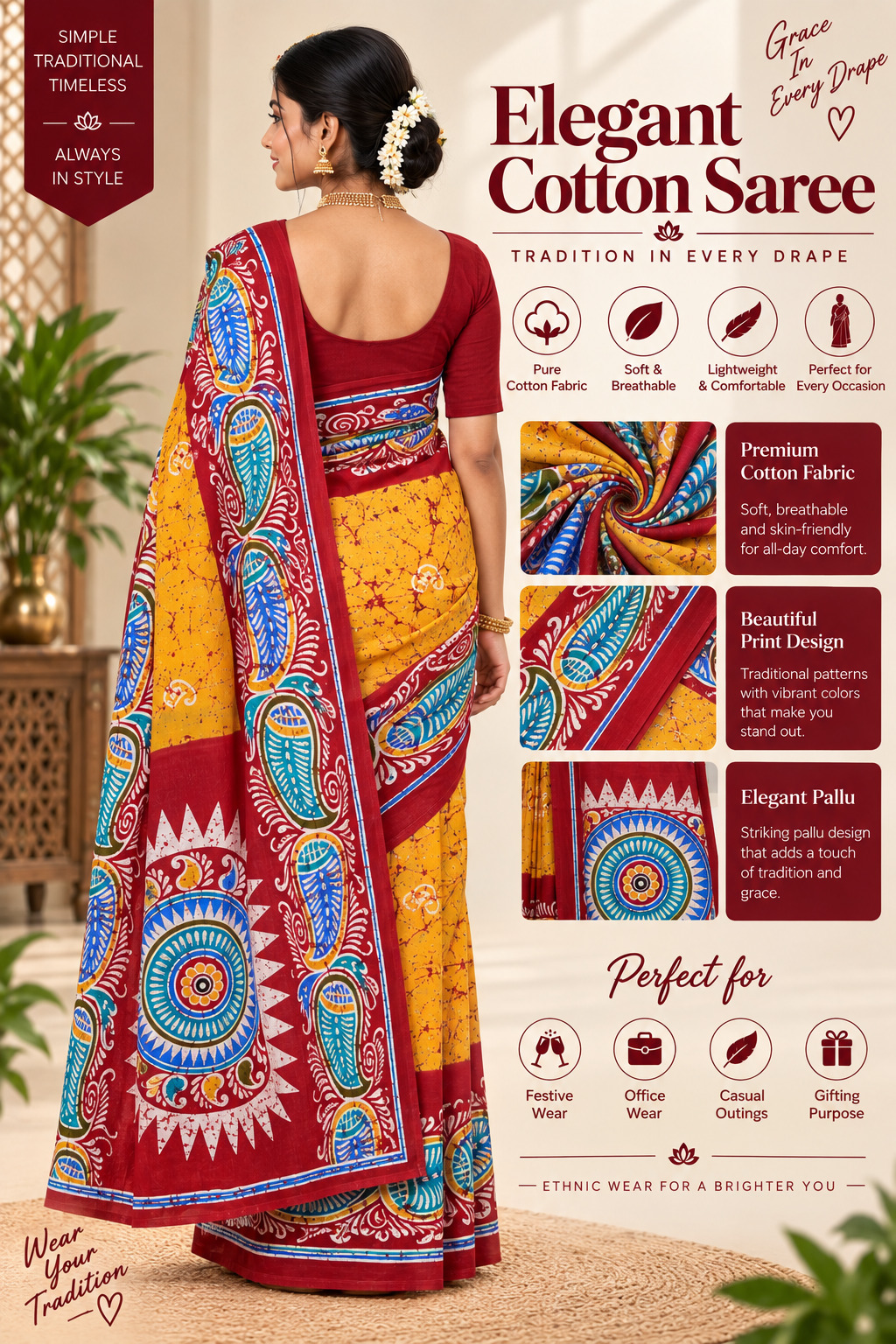 Elegant Cotton Saree Yellow Red Multi Colour Batik Print | Pure Cotton Soft Breathable | Bengali Traditional Mandala Paisley Saree with Blou