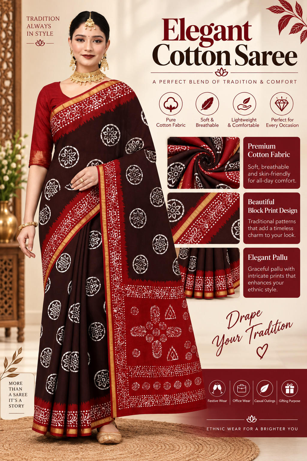 Elegant Cotton Saree Dark Brown Red White Block Print | Pure Cotton Fabric with Zari Border | Soft Breathable Lightweight | Traditional Mand