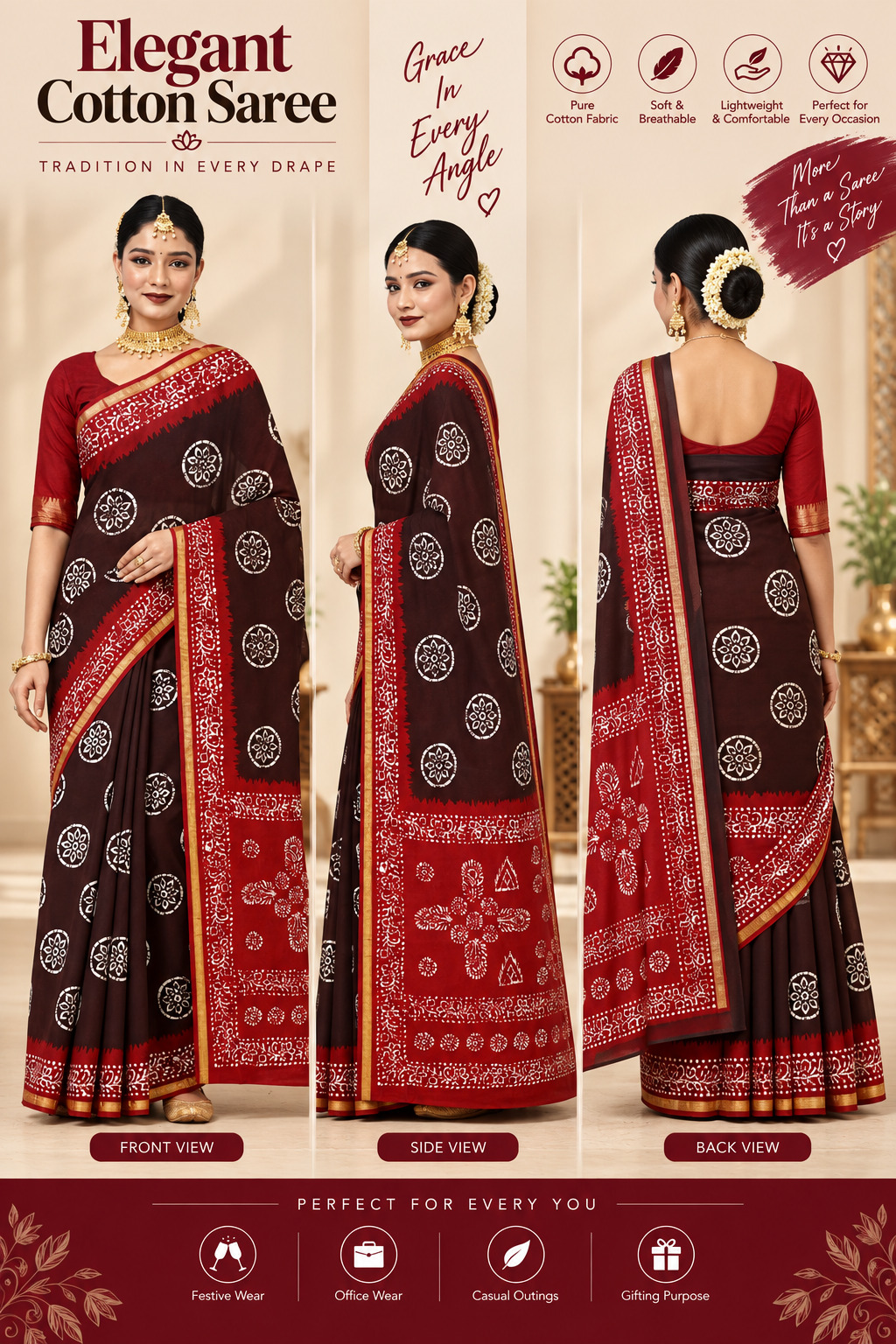 Elegant Cotton Saree Dark Brown Red White Block Print | Pure Cotton Fabric with Zari Border | Soft Breathable Lightweight | Traditional Mand
