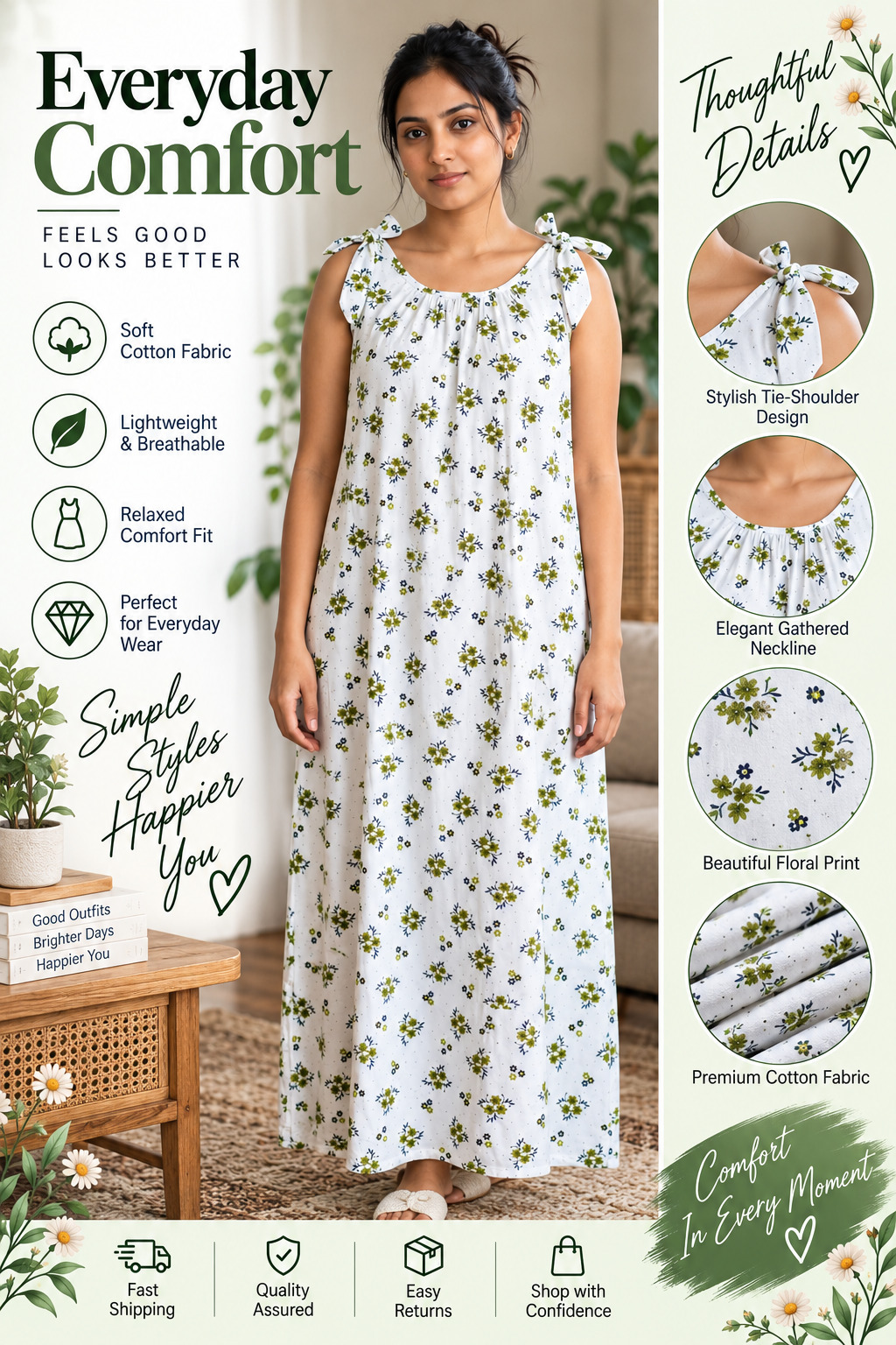 Women Cotton Nighty White Green Floral Print | Soft Cotton Fabric | Lightweight Breathable Sleeveless Tie-Shoulder Night Dress | Relaxed Com