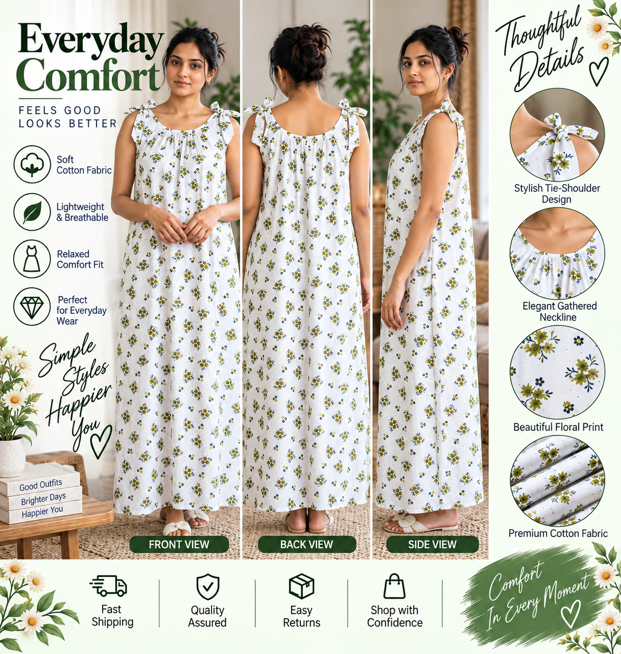 Women Cotton Nighty White Green Floral Print | Soft Cotton Fabric | Lightweight Breathable Sleeveless Tie-Shoulder Night Dress | Relaxed Com