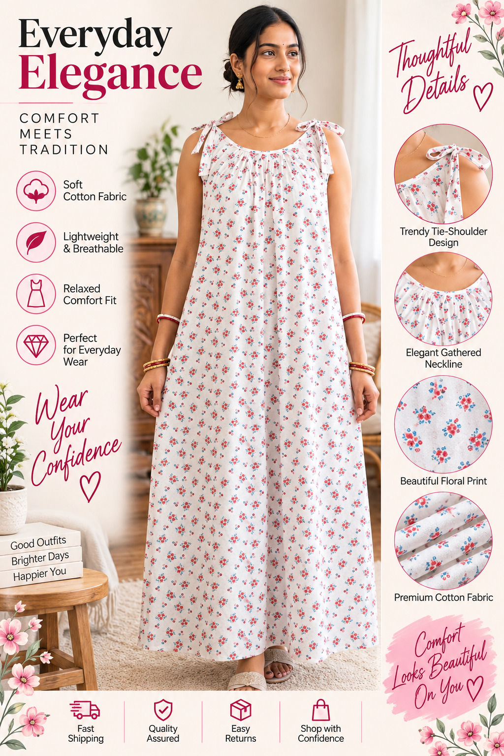 Everyday Elegance Cotton Nighty White Red Blue Small Floral Print | Soft Cotton Fabric | Lightweight Breathable | Trendy Tie-Shoulder Sleeve