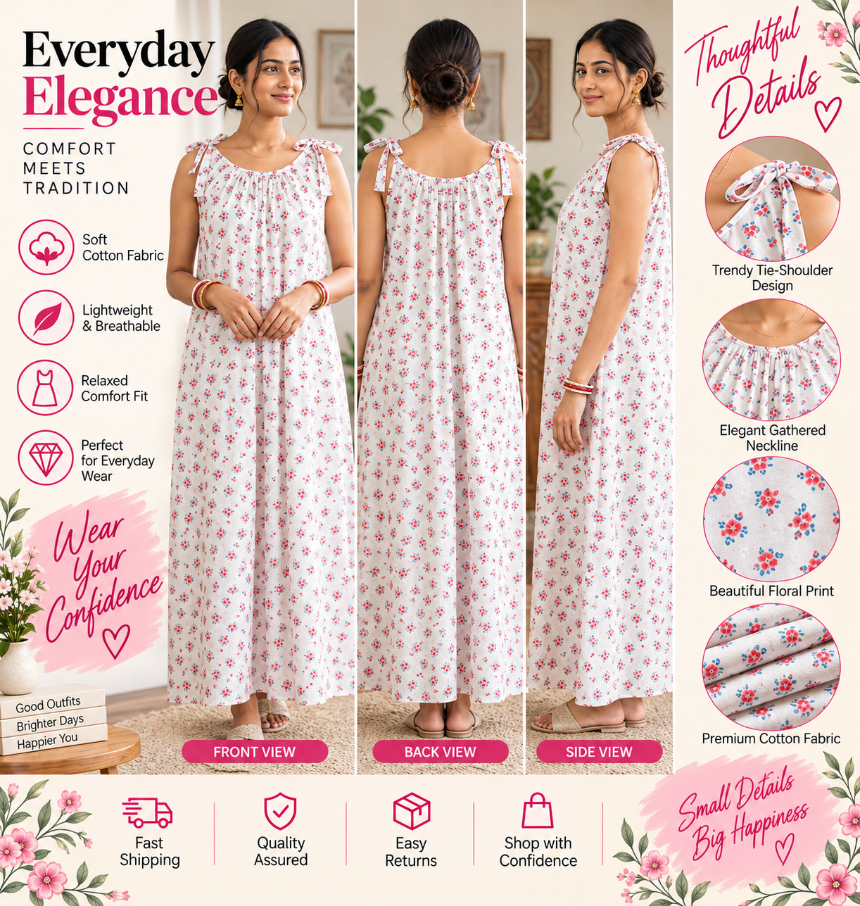 Everyday Elegance Cotton Nighty White Red Blue Small Floral Print | Soft Cotton Fabric | Lightweight Breathable | Trendy Tie-Shoulder Sleeve