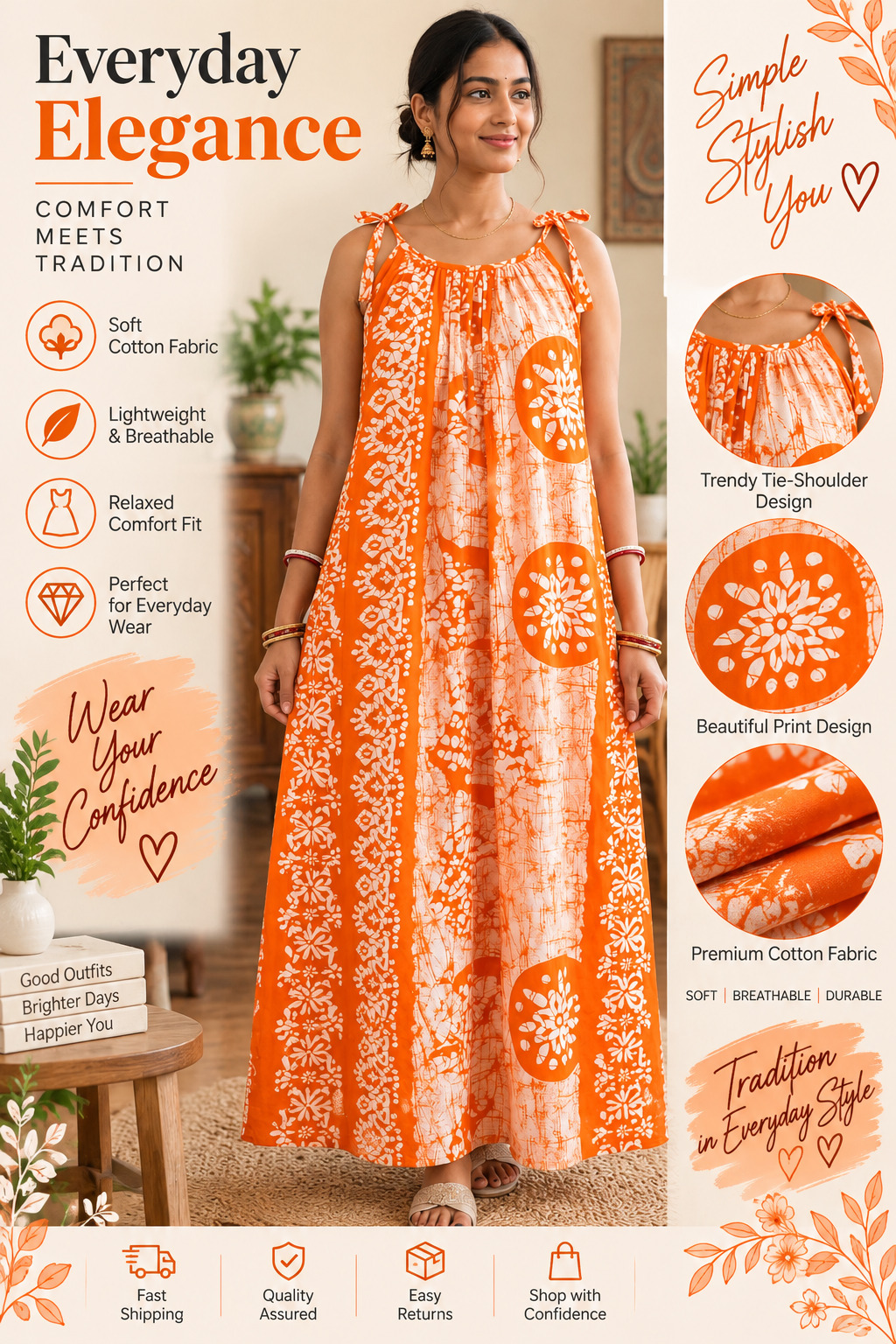 Everyday Elegance Cotton Nighty Orange White Batik Print | Soft Cotton Fabric | Lightweight Breathable Sleeveless Trendy Tie-Shoulder Night