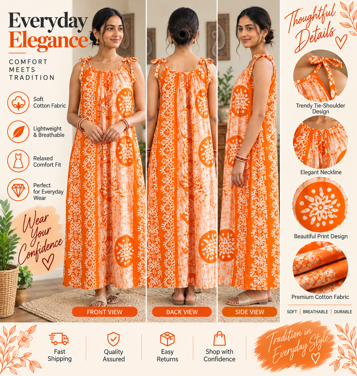 Everyday Elegance Cotton Nighty Orange White Batik Print | Soft Cotton Fabric | Lightweight Breathable Sleeveless Trendy Tie-Shoulder Night