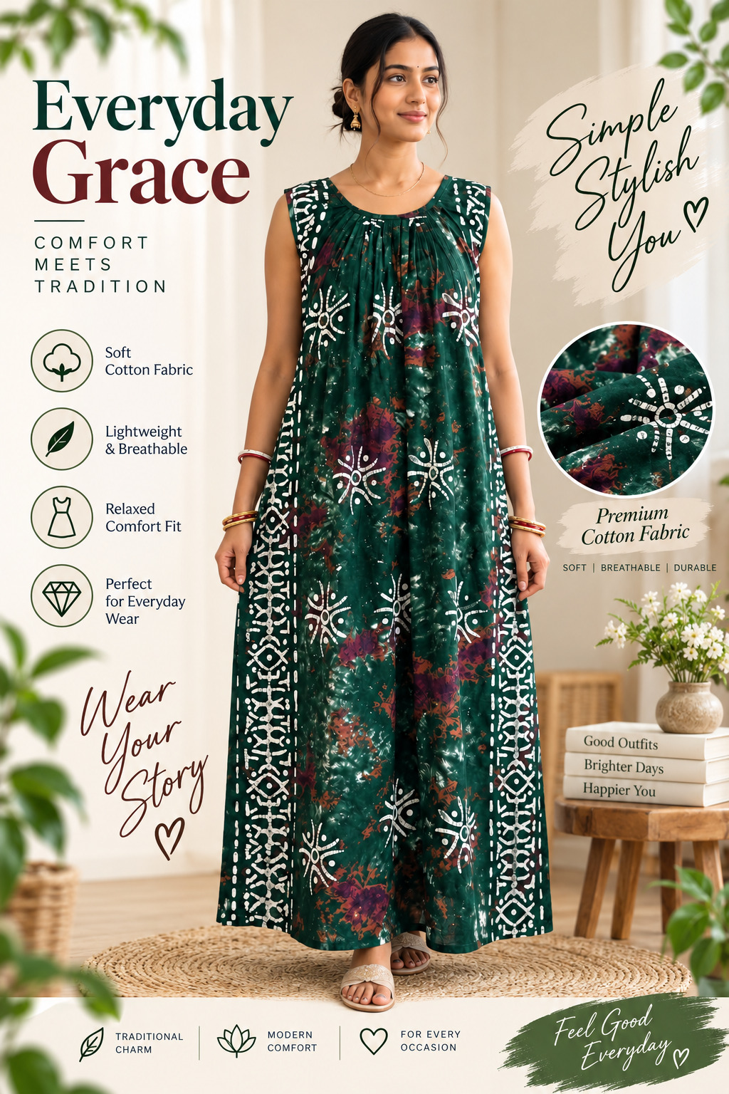 Everyday Grace Cotton Nighty Dark Green Batik Print | Soft Cotton Fabric | Lightweight Breathable Sleeveless Night Dress | Relaxed Comfort F