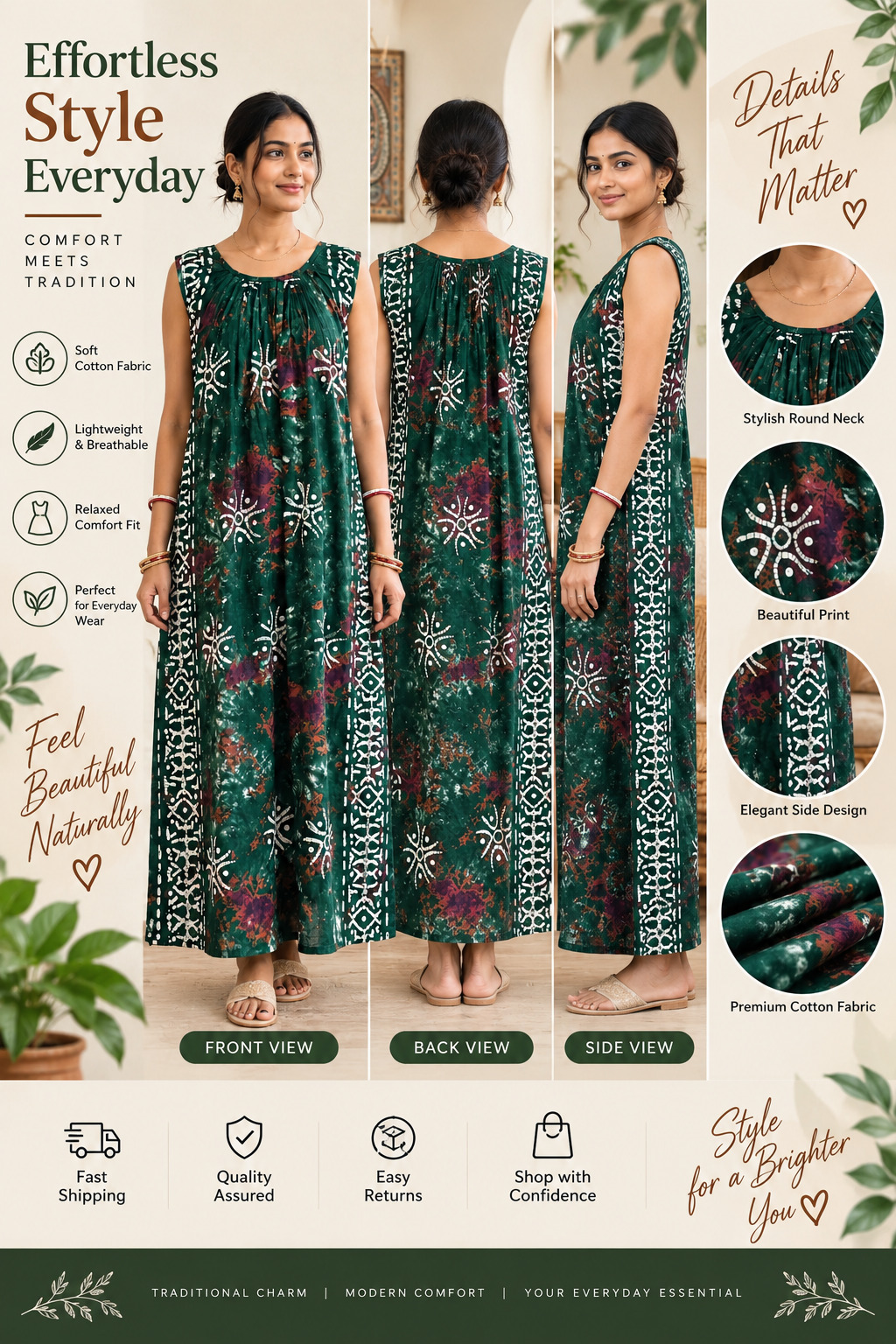 Everyday Grace Cotton Nighty Dark Green Batik Print | Soft Cotton Fabric | Lightweight Breathable Sleeveless Night Dress | Relaxed Comfort F