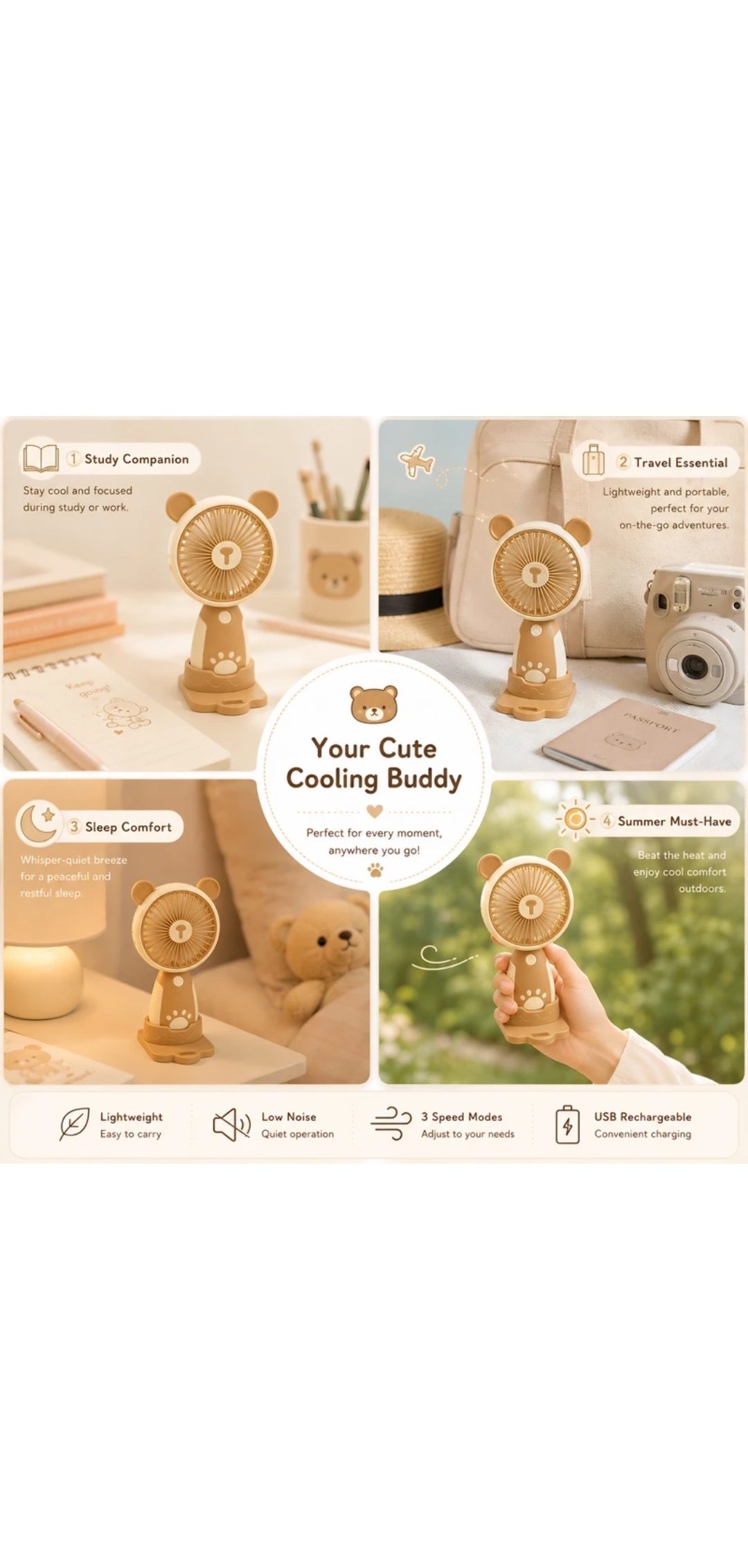 Portable Mini Fan with Bear Ears – Rechargeable Handheld & Table Fan