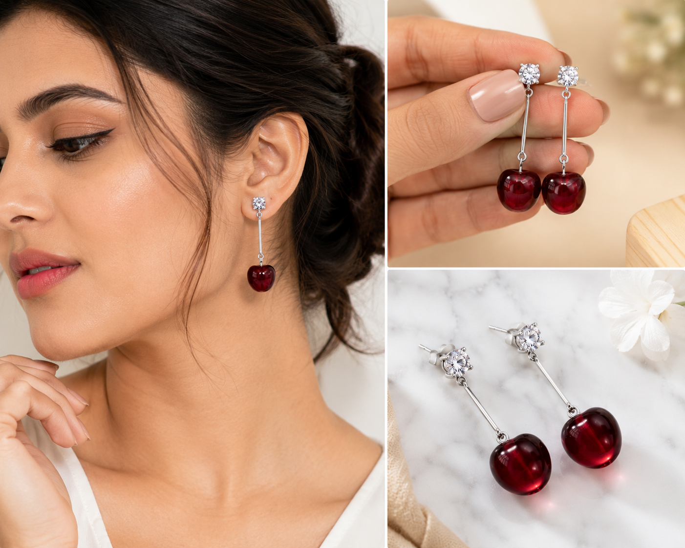 Korean Style Red Cherry Crystal Drop Earrings for Women & Girls