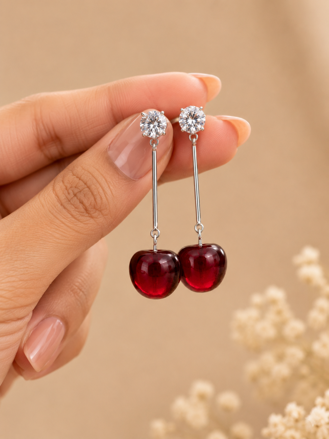 Korean Style Red Cherry Crystal Drop Earrings for Women & Girls