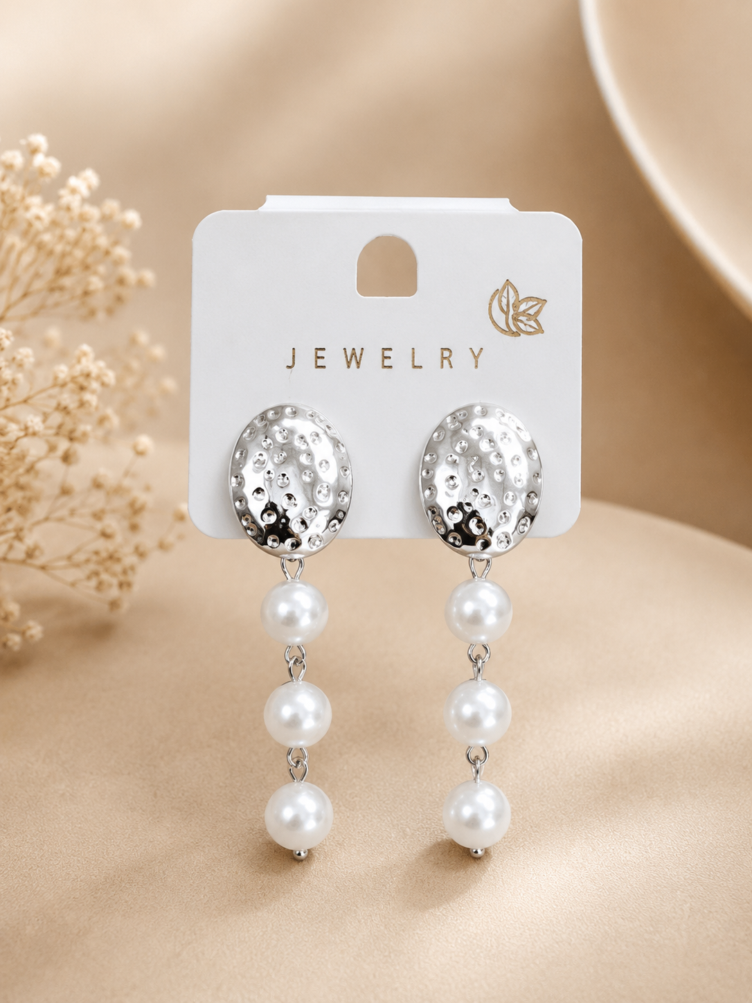 Silver Tone Textured Oval Triple Pearl Drop Dangler Earrings for Women & Girls